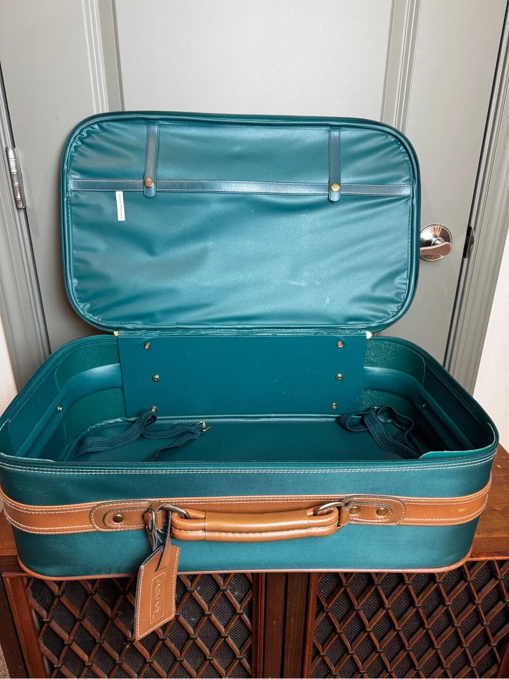 Jaguar Luggage Suitcase Travel Bag Green With Leather Trim - Vintage Luggage